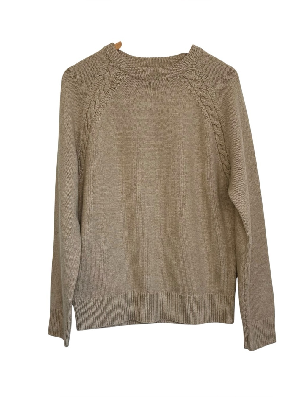 J. CREW Mens Merino Wool Blend Cable Knit Trim Sweater Sz Medium Beige Crew Neck